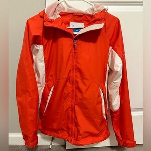 Columbia Rain jacket, lightweight, hot pink and white color